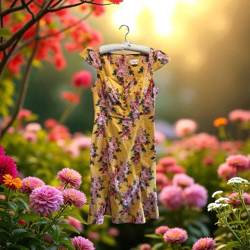 Anthropologie Vintage Style Retro Yellow Multicolor Floral Dress‎ Size L Stretch